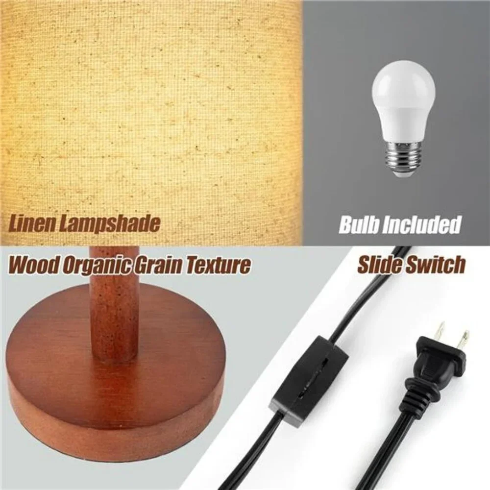 Small table lamp wood base linen shade LED nightstand light for bedroom desk
